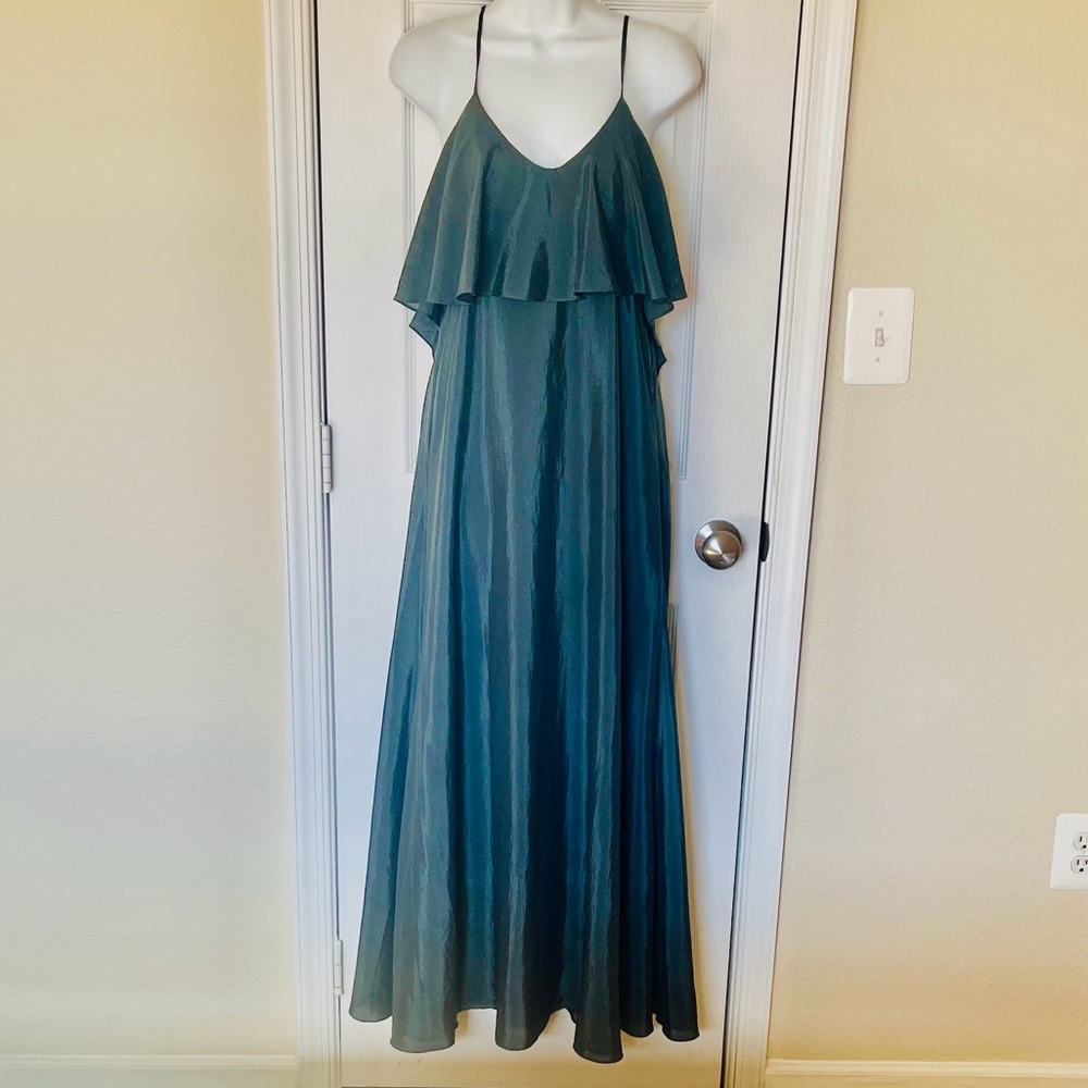 BCBGeneration Dark Green Ruffle-Front Spaghetti Strap Maxi Dress